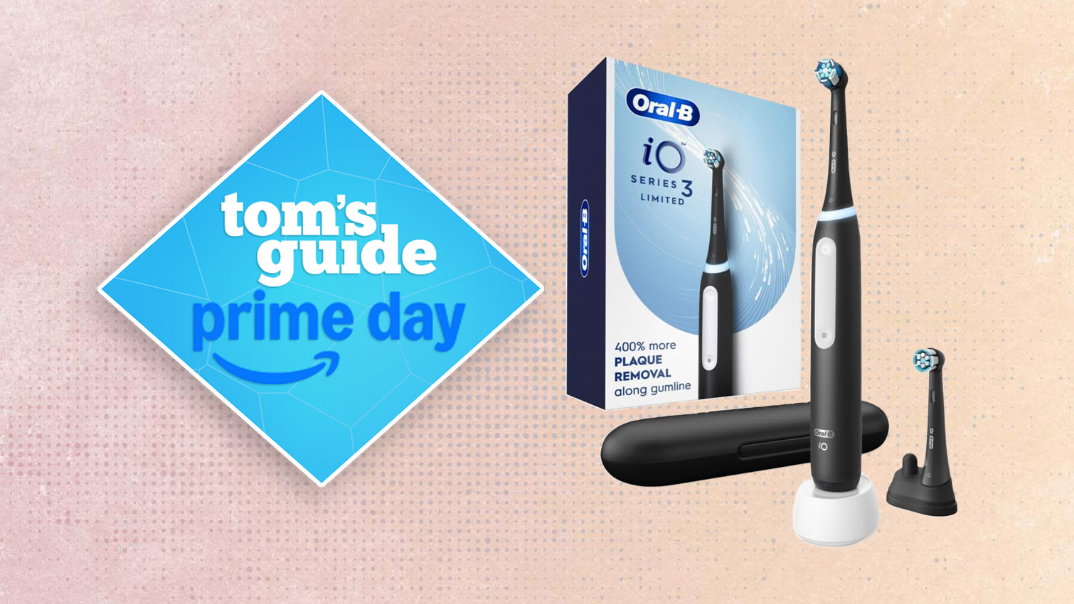 Oral-B iO3 electric toothbrush on an orange background with a prime day tag.