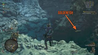 Monster Hunter Wilds Goldenfish in dark cave pool marked by arrow