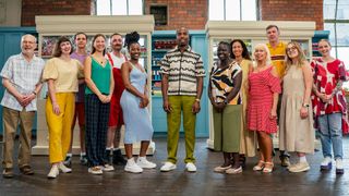 Host Kiell Smith-Bynoe, centre, and the contestants of The Great British Sewing Bee season 10