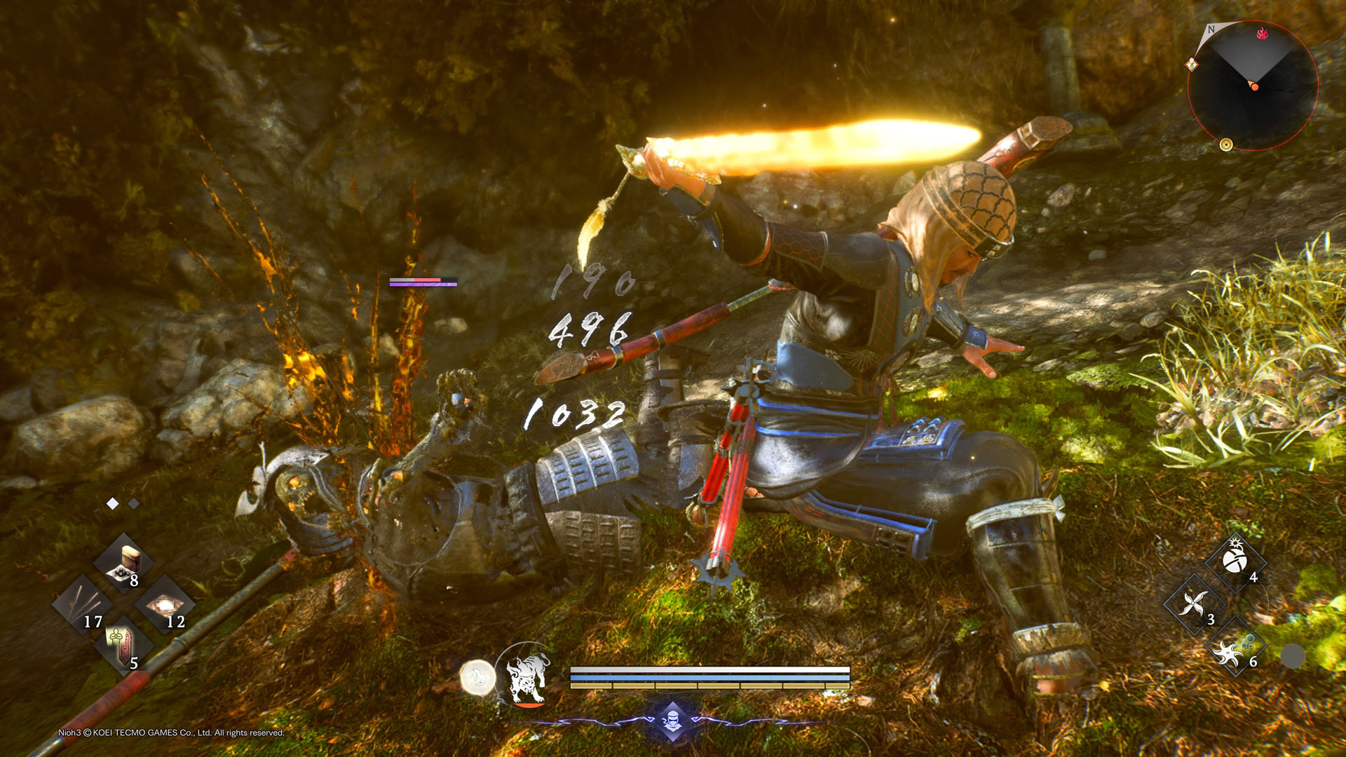 A green demon screams in agony on the ground after the player has performed a finishing move on it in Nioh 3, sweeping upwards with a glowing sword