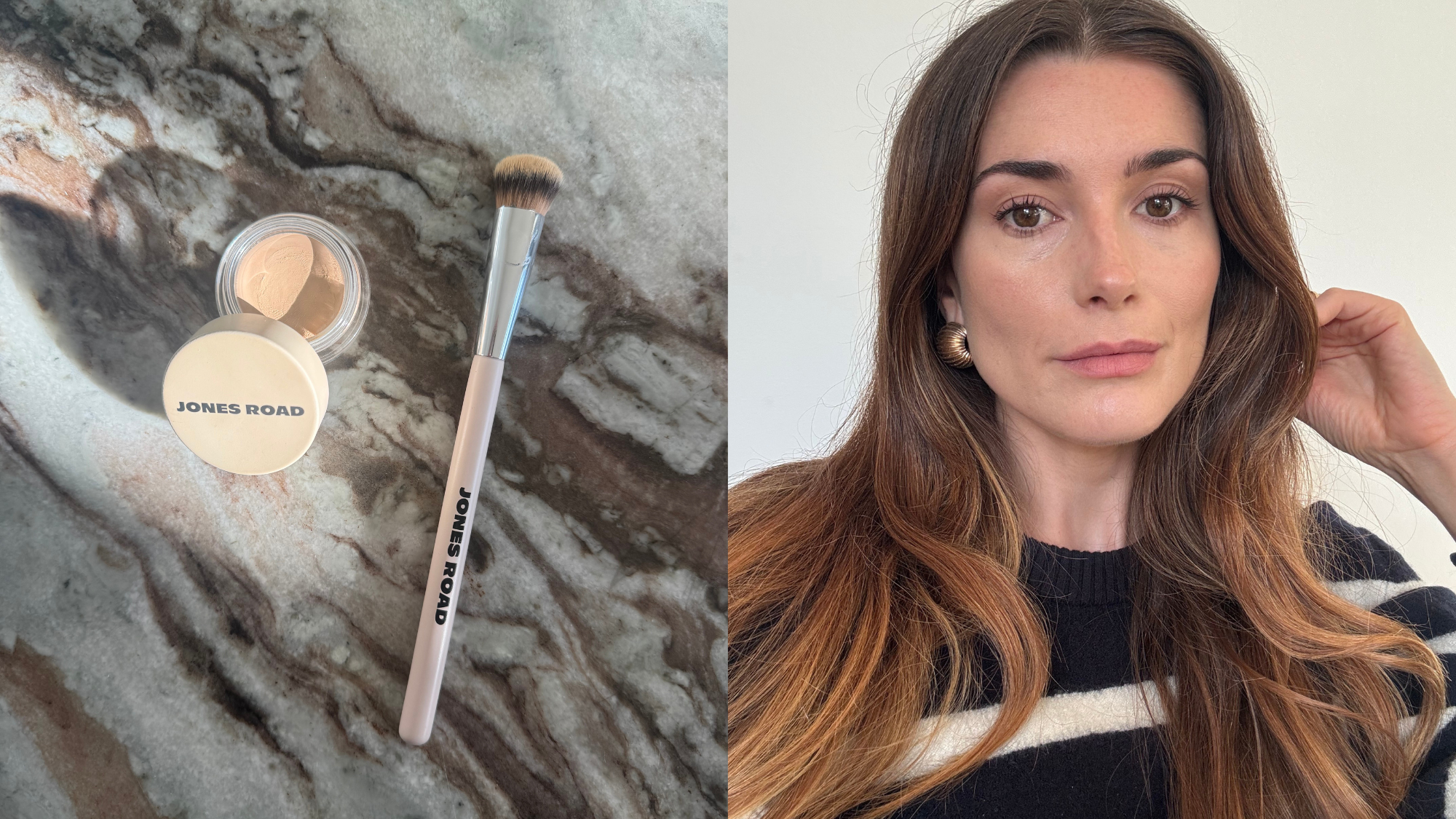 The Jones Road Wide Awake Concealer and a photo of beauty editor Eleanor Vousden wearing it