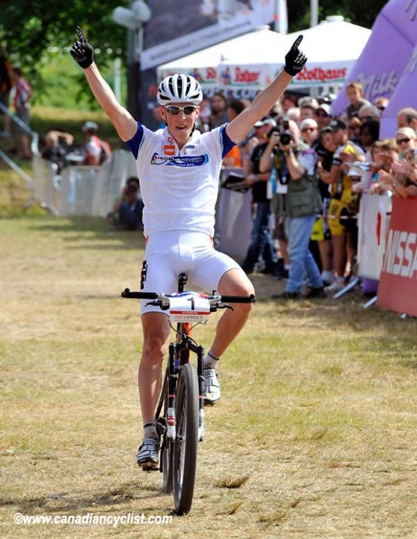 Alexander Gehbauer wins the under 23 men's World Cup cross country in Offenburg.