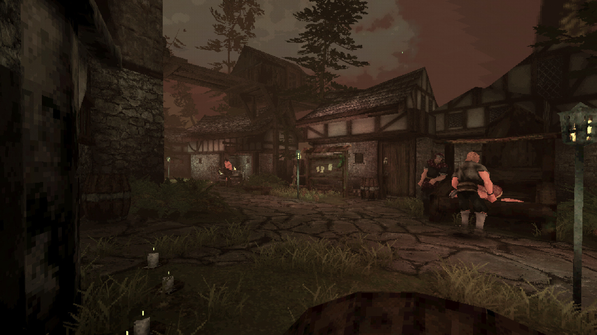 Sword Hero medieval town with stone pathway running between buildings