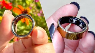 A comparison image showing the Oura Ring 4 in a person's hands next to an image of someone holding the Samsung Galaxy Ring