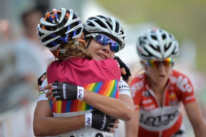 Pauline Ferrand Prevot gets a big congratulatory hug from five-time Fl&egrave;che Wallonne winner and teammate Marianne Vos