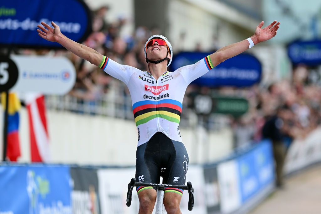 ROUBAIX FRANCE APRIL 07 Mathieu van der Poel of The Netherlands and Team Alpecin Deceuninck celebrates at finish line as race winner in the Roubaix Velodrome Velodrome Andre Petrieux during the 121st ParisRoubaix 2024 a 2597km one day race from Compiegne to Roubaix UCIWT on April 07 2024 in Roubaix France Photo by Dario BelingheriGetty Images