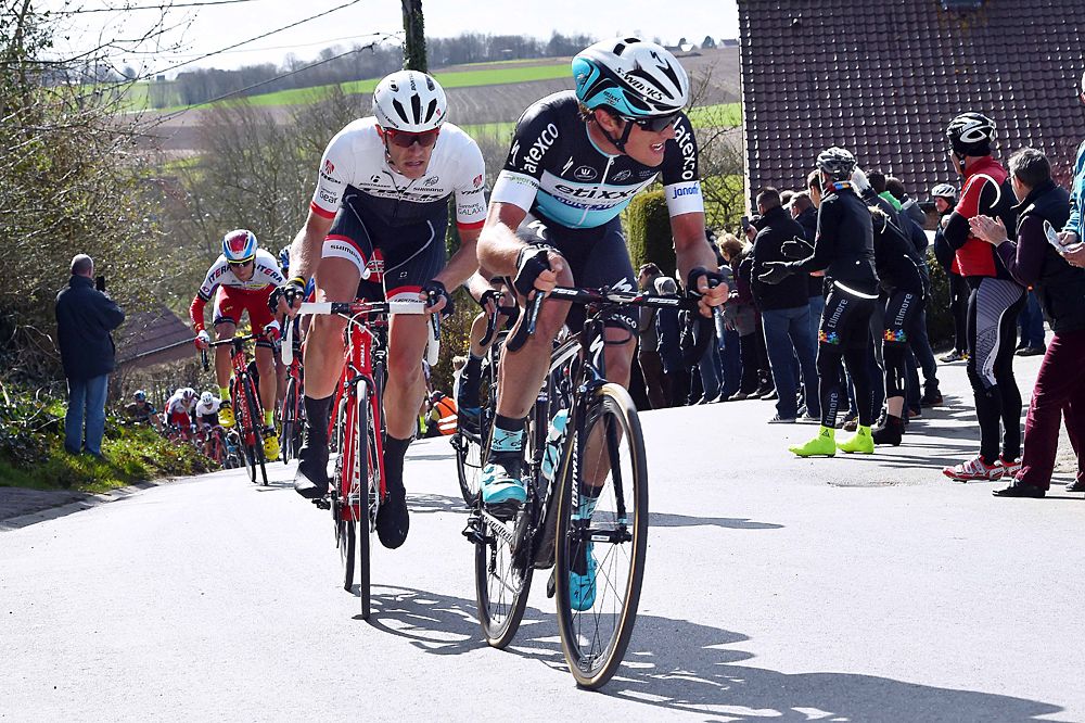 Yves Lampaert (Etixx-Quickstep) leads over the climb