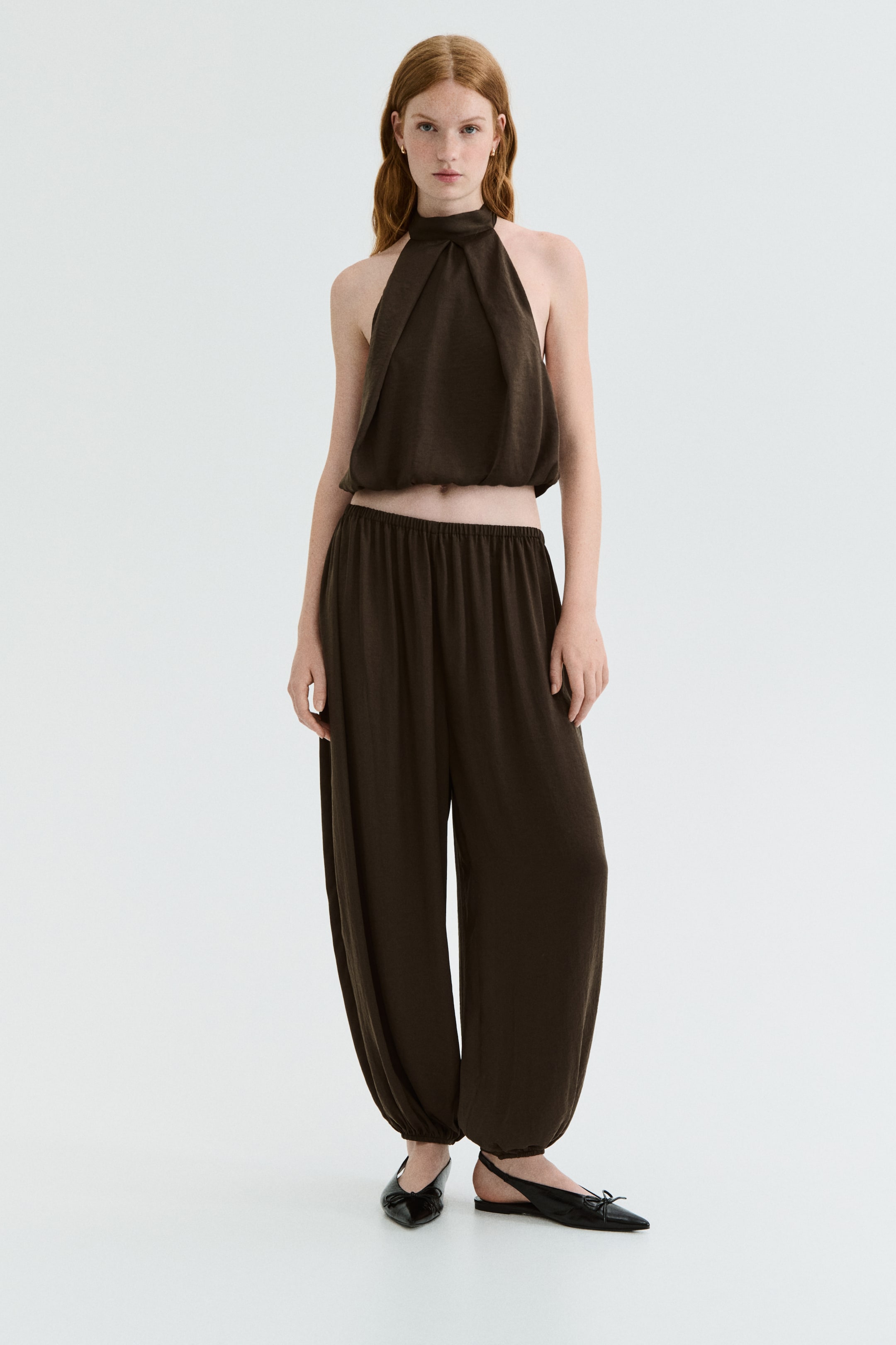 Balloon-Leg Satin Trousers - Dark Brown
