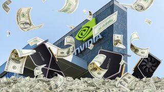 A very subtle image of money falling in front of Nvidia&#039;s HQ while GPUs pop out