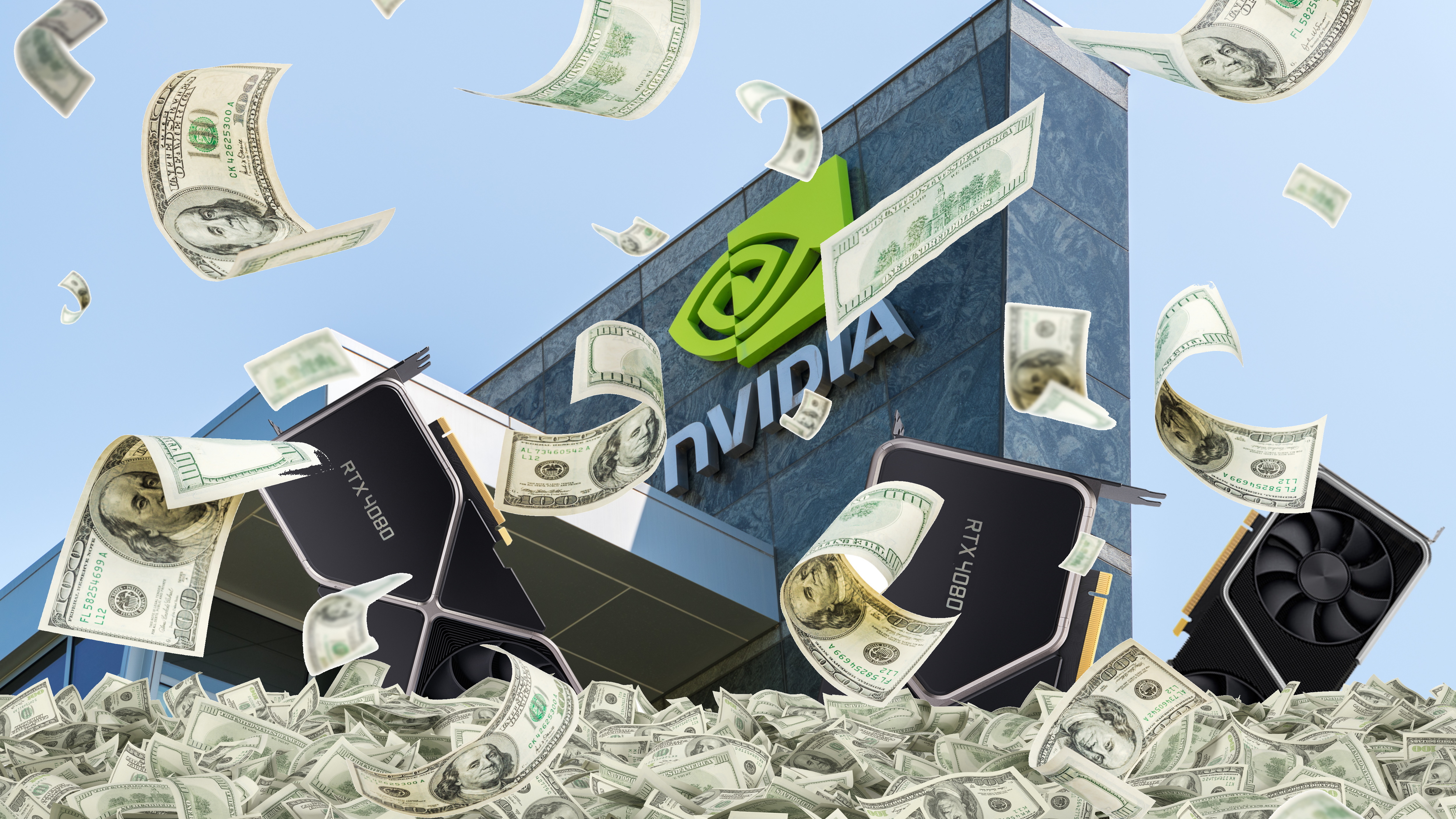 Очень тонкое изображение денег, падающих перед штаб-квартирой Nvidia, в то время как графические процессоры выскакивают