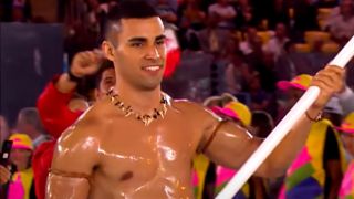 Pita Taufatofua is shown as the Tongan flag bearer in the 2016 Olympics opening ceremony.