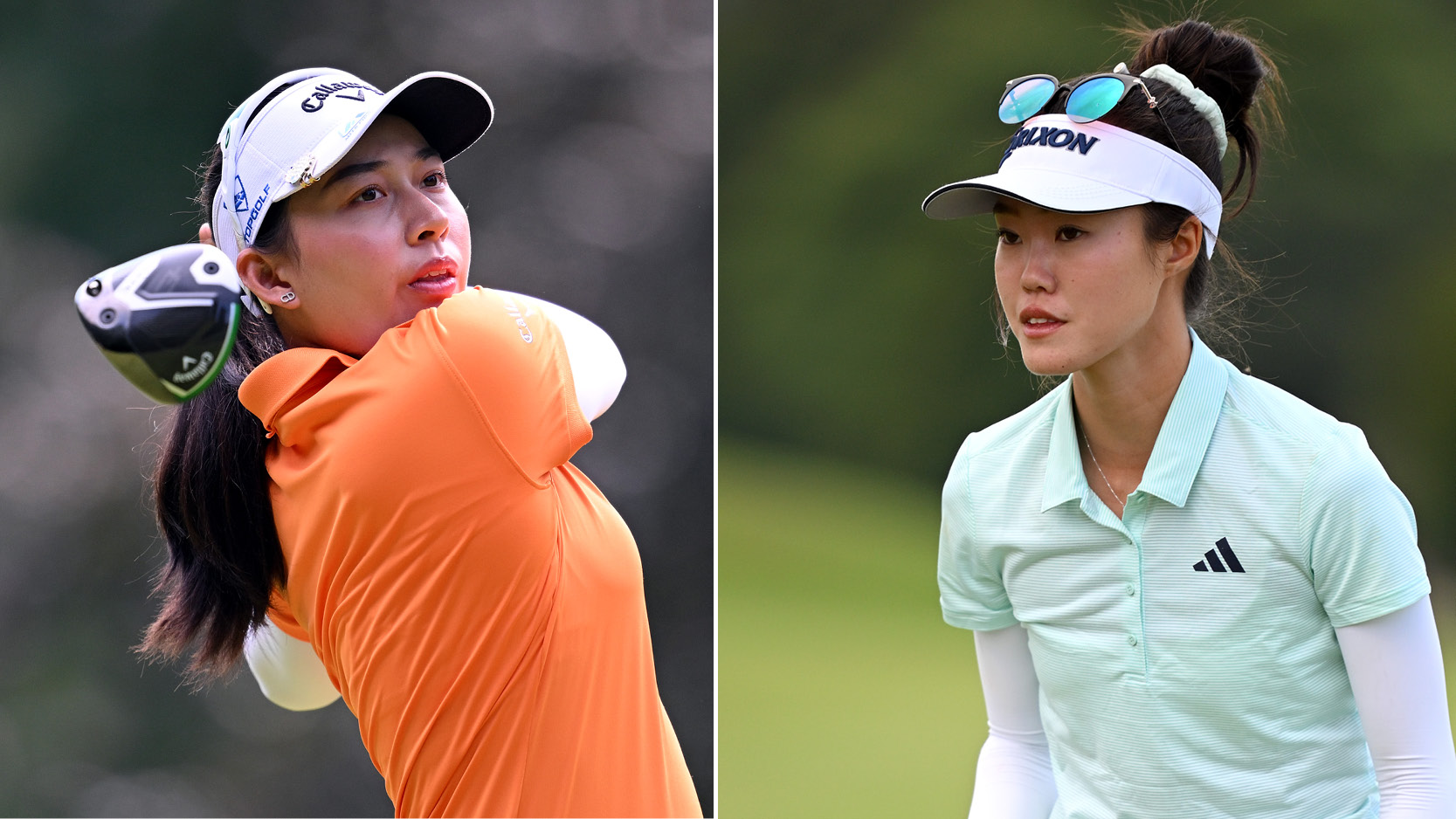 Jeeno Thitikul (left) hits driver during round four of the Evian Championship while Grace Kim (right) looks on 