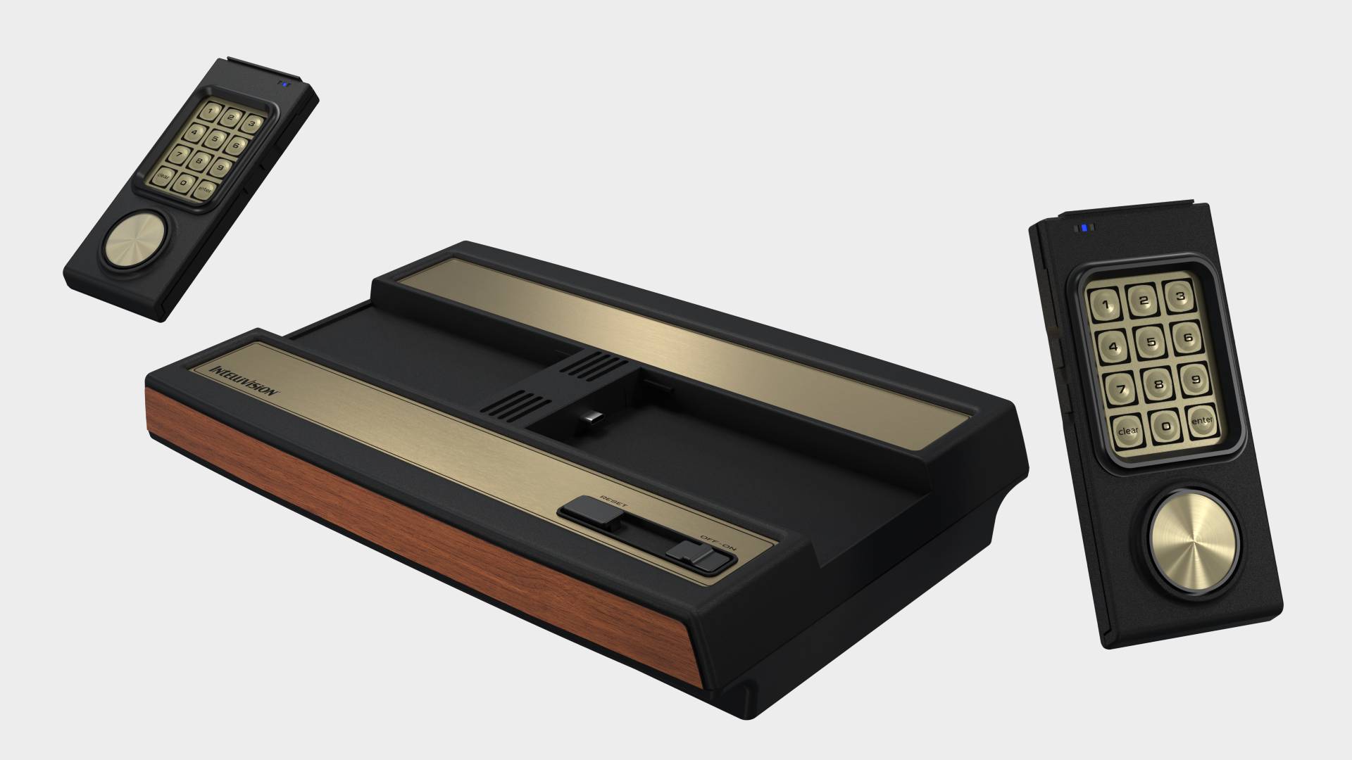 Angled view of Intellevision Sprint with controllers undocked.