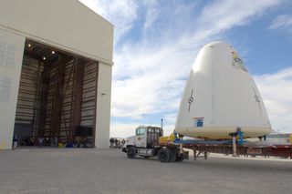 Blue Origin's Goddard vehicle heads back to barn after Nov. 13, 2006 test.
