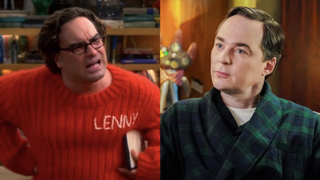 Side by side of Big Bang Theory's Leonard angrily yelling while wearing his red Lenny sweater, Jim Parson's Sheldon in green and black robe in Young Sheldon's series finale