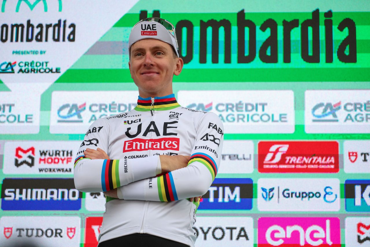 Tadej Pogačar on the Il Lombardia podium