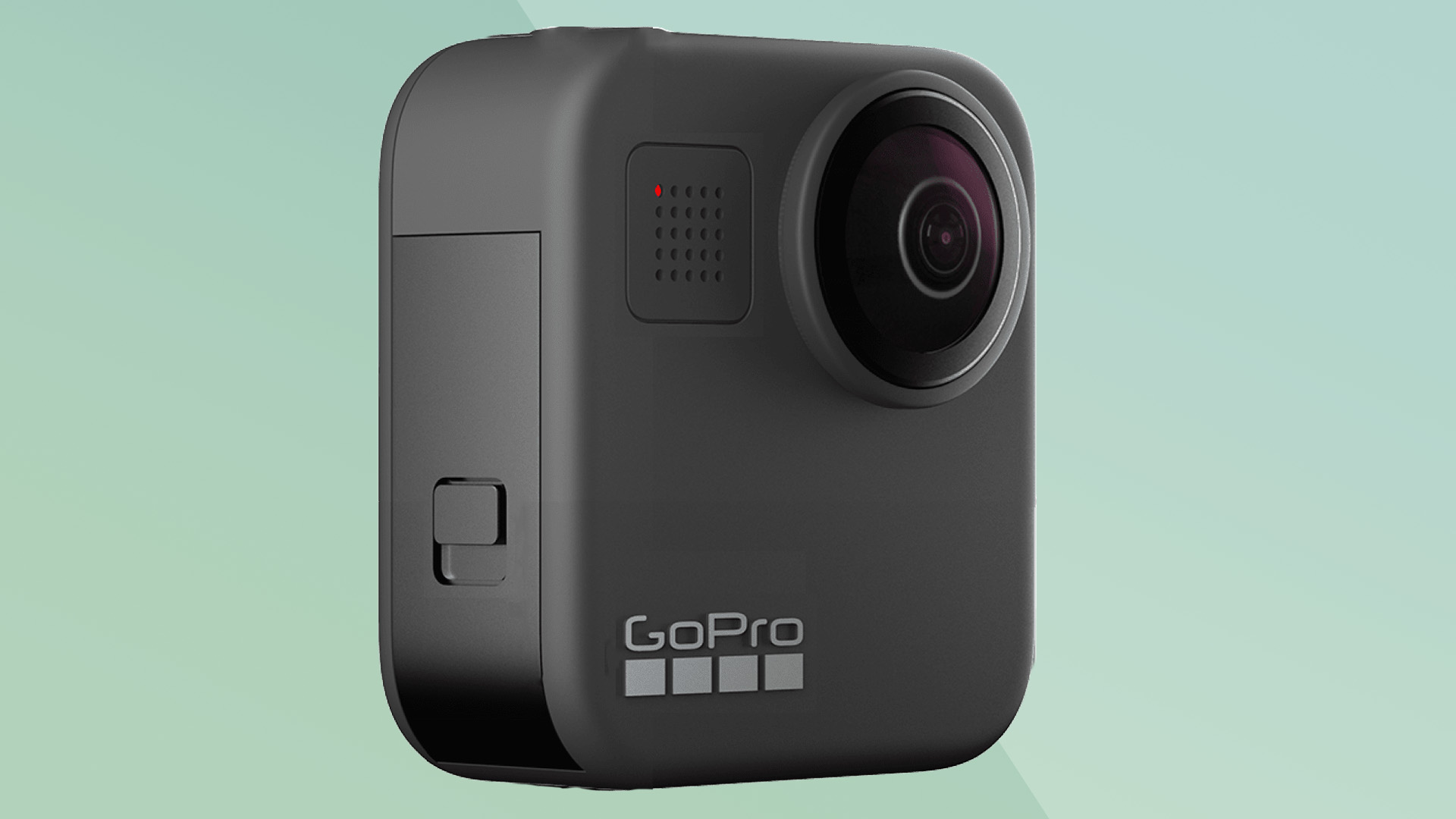 The GoPro Max angled front on a green background