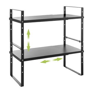 A black expandable 2-tier cabinet organizer