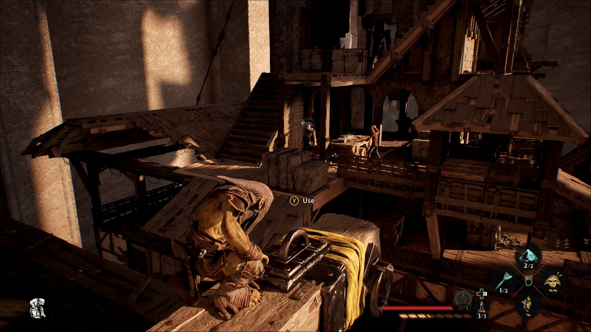 Styx stands on a perch as he watches guards patrol an opposite wooden structure on The Wall, and bar shows they are also beginning to notice him