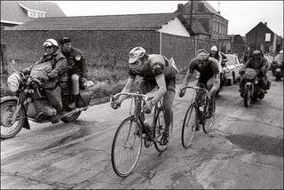 Eddy Merckx leads Roger De Vlaeminck at the 1973 Paris-Roubaix, with Merckx winning the race for a third time