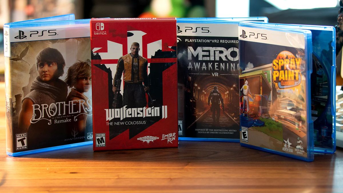 A selection of physical releases available from Limited Run Games, including 3 PS5 game boxes and a Nintendo Switch box