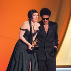 Lady Gaga and Bruno Mars on stage at the 2025 Grammy Awards