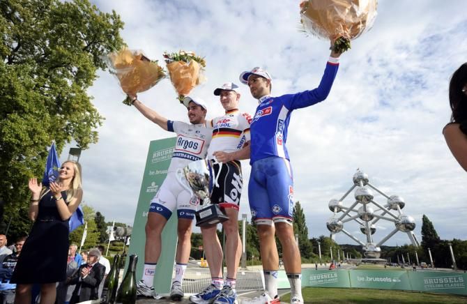 Brussels Cycling Classic podium (L-R): John Degenkolb (Argos-Shimano), Andre Greipel (Lotto Belisol) and Nacer Bouhanni (FDJ)