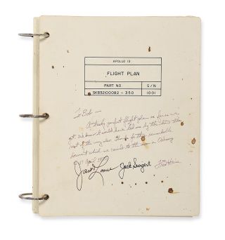 The original flown Apollo 13 flight plan was presented by the crew to the lead flight planner for the 1970 mission. It is expected to sell at Sotheby's on July 20, 2017 for $30,000 to $40,000.