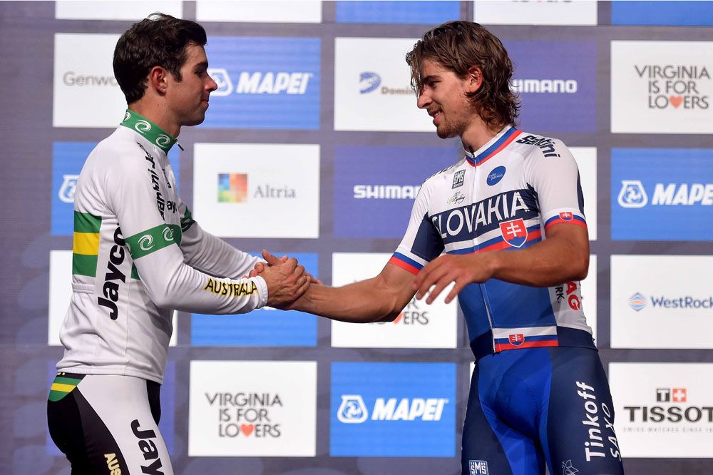 Michael Matthews (Australia) congratulates Peter Sagan (Slovakia) on his win