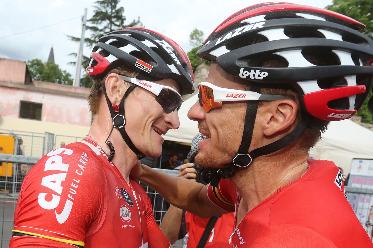 Greipel celebrates with his teammates