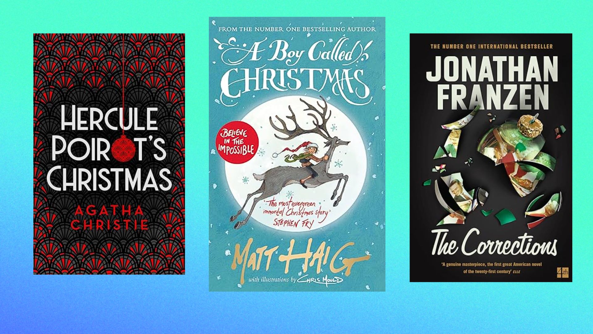 an image of three of the featured books, from L-R: Hercule Poirot's Christmas, A Boy Called Christmas, and The Corrections, all against a blue-green gradient background