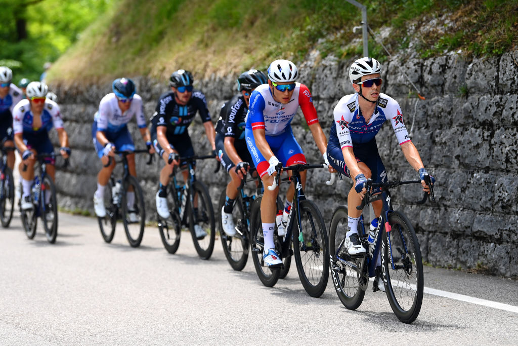 TREVISO ITALY MAY 26 LR Clement Davy of France and Team Groupama FDJ and James Knox of United Kingdom and Team QuickStep Alpha Vinyl compete during the 105th Giro dItalia 2022 Stage 18 a 156km stage from Borgo Valsugana to Treviso Giro WorldTour on May 26 2022 in Treviso Italy Photo by Tim de WaeleGetty Images
