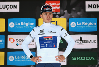 MONTLUCON, FRANCE - JUNE 08: Remco Evenepoel of Belgium and Team Soudal Quick-Step celebrates at podium as White best young jersey winner during the 77th Criterium du Dauphine 2025, Stage 1 a 195.8km stage from Domerat to Montlucon / #UCIWT / on June 08, 2025 in Montlucon, France. (Photo by Dario Belingheri/Getty Images)