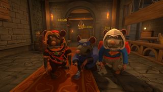 Three rats look into the camera while standing in a rustic corridor, screenshot from Restaurats.