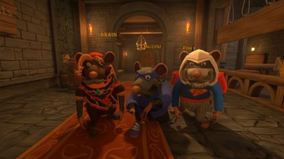 Three rats look into the camera while standing in a rustic corridor, screenshot from Restaurats.