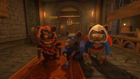 Three rats look into the camera while standing in a rustic corridor, screenshot from Restaurats.
