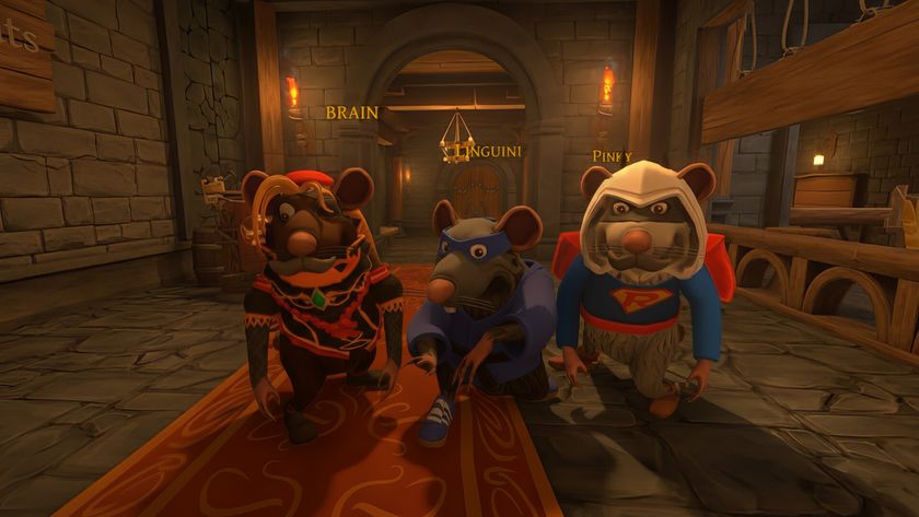 Three rats look into the camera while standing in a rustic corridor, screenshot from Restaurats.