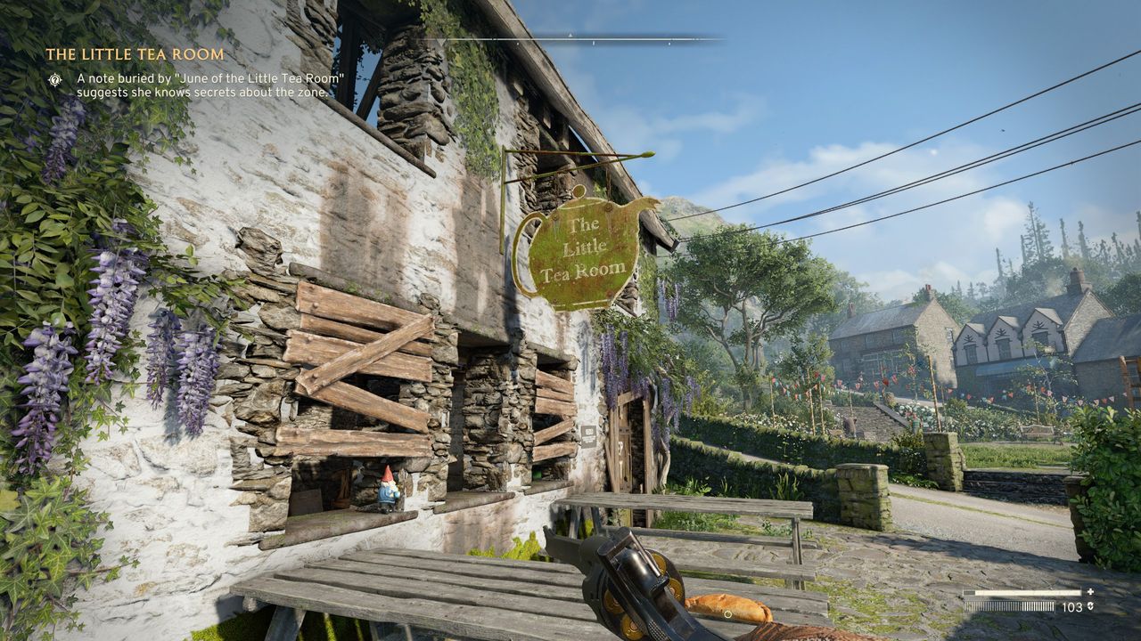 Atomfall June's key - Standing outside The Little Tea Room