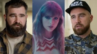 From left to right: a screenshot of Jason Kelce in Kelce, a screenshot of Taylor Swift in the Lavender Haze music video and a screenshot of Travis Kelce in Kelce. 