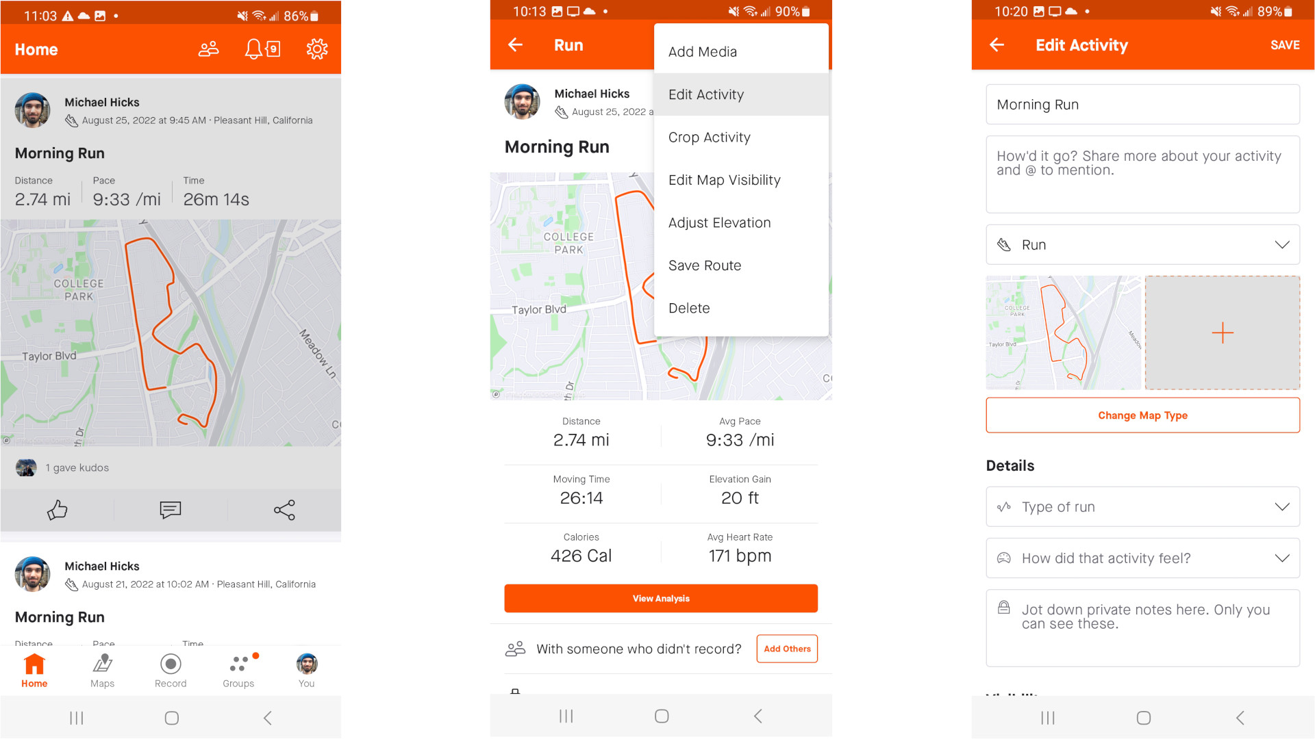 Mobile screenshots showing a Strava activity on a mobile feed, selecting Edit Activity, and pressing the Add Media icon.