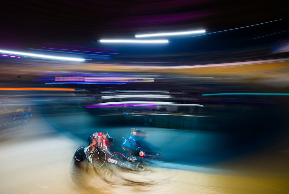 Riders in action during the 60 lap Derny race at the Six Day Londo
