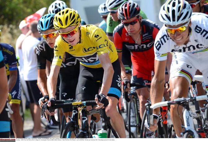 The yellow jersey and the rainbow jersey side by side