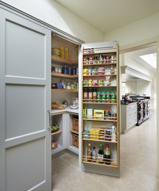 Walk-in pantry ideas with shallow storage shelves on the inside of the door