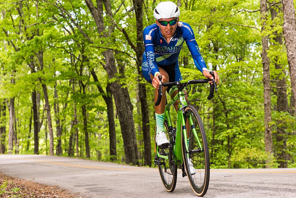 A Team Arapahoe Resources (USA) rider makes his way up the switchback section of the course.