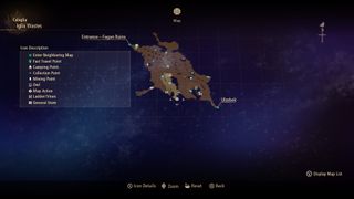 Tales of Arise owl locations- A map of Iglia Wastes showing the player marker on a raised plateau in the southwest corner of the map.