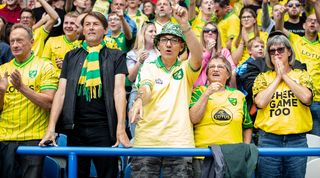 Norwich City fans during a game against Huddersfield in the Championship in August 2023.