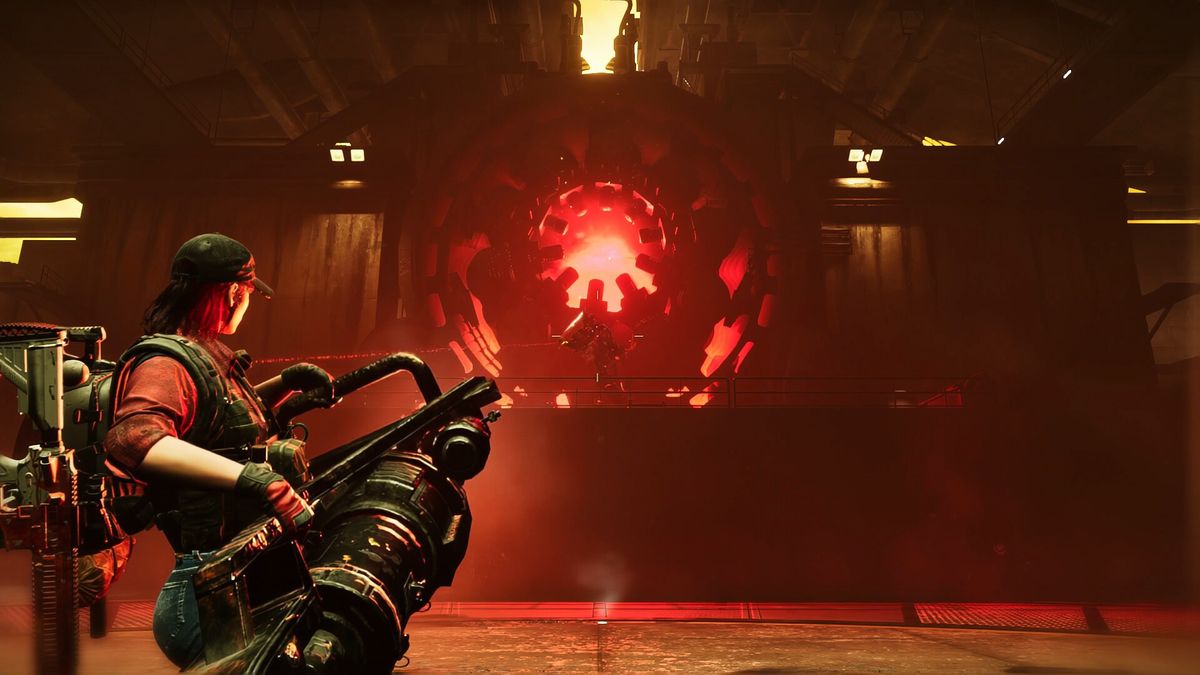 Once Human screenshot showing a glowing red portal-like structure as a gun-wielding person approaches it