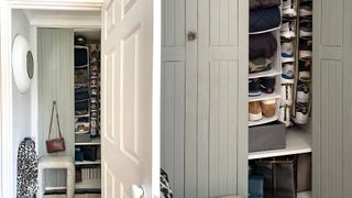 Green shoe closet with hanging storage compartments