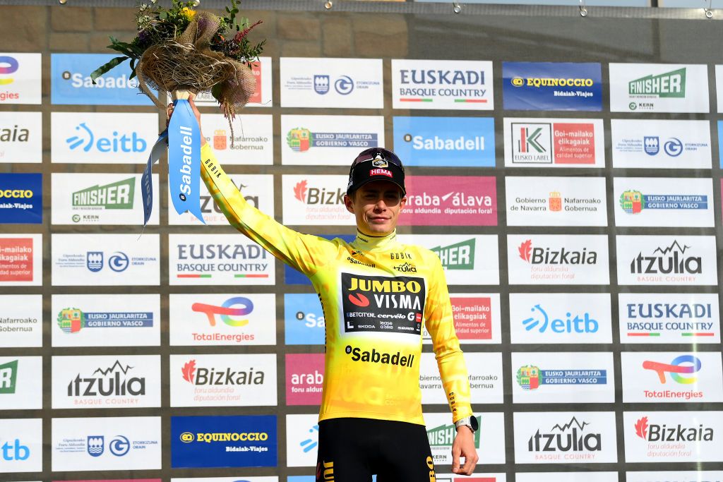 AMASAVILLABONA SPAIN APRIL 05 Jonas Vingegaard of Denmark and Team Jumbo Visma celebrates at podium as Yellow Leader Jersey winner during the 62nd Itzulia Basque Country Stage 3 a 1539km stage from Errenteria to AmasaVillabona 167m UCIWT on April 05 2023 in AmasaVillabona Spain Photo by David RamosGetty Images