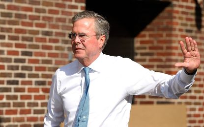 Jeb Bush enters the Ed Sullivan Theater for a taping of The Late Show